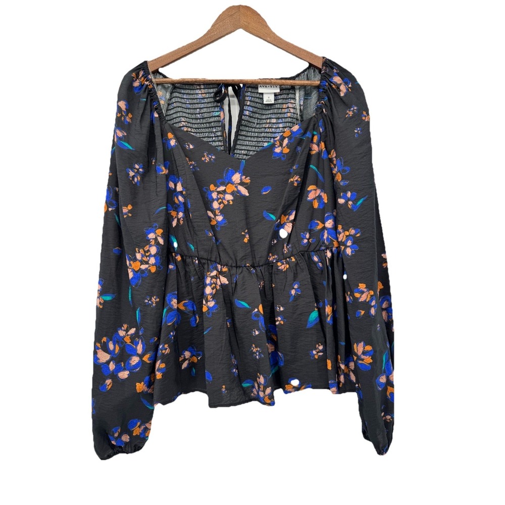 Ava & Viv Black Blue Floral Balloon Sleeve Blouse Sweetheart Neckline Fairy
